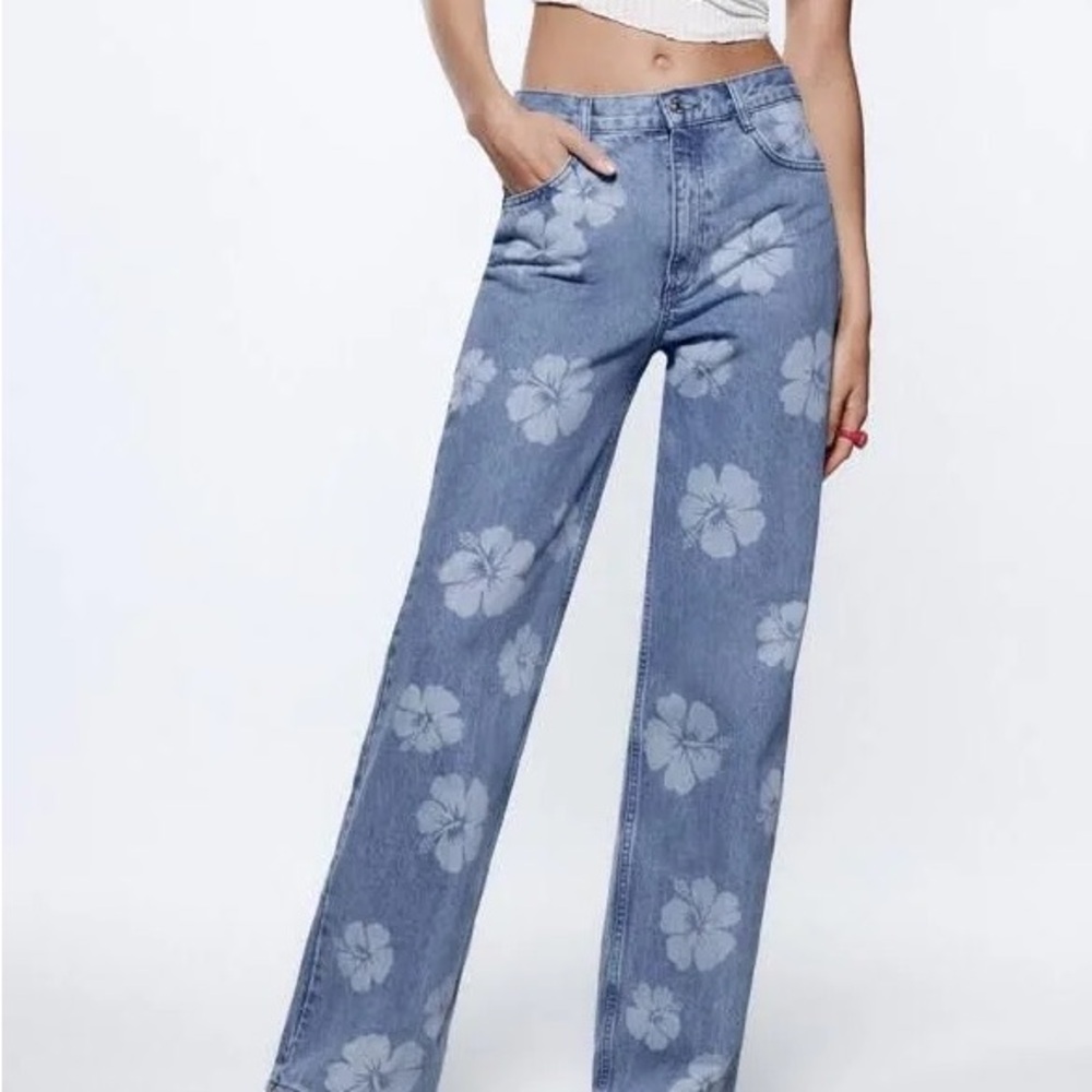 ZARA Wide Leg Printed High Rise Floral Boho Jeans